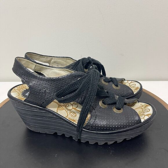Fly London Yakin Wedge Sandals Women 40 (US 9) Black Leather Lace Up Peep‎ Toe - Picture 1 of 11